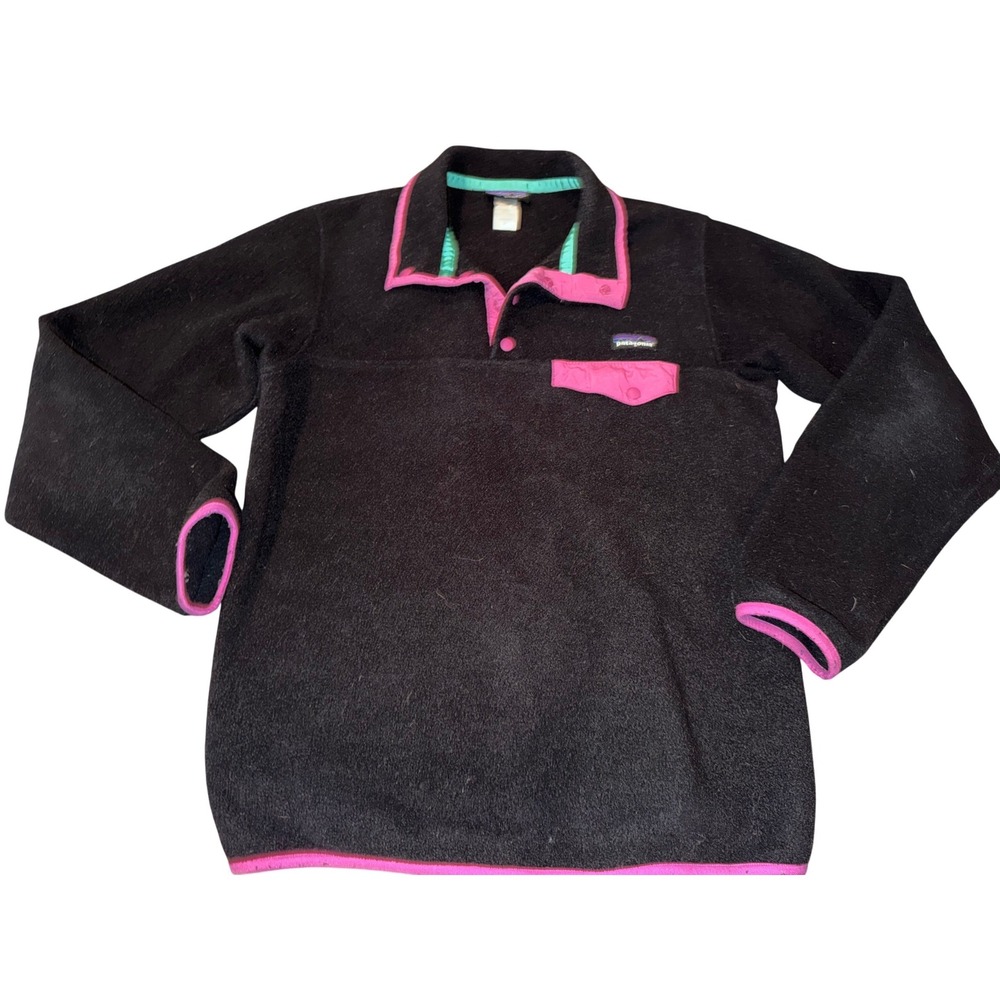 Patagonia Synchilla Snap-T Fleece Pullover Womens Medium Black Pink Trim vintage